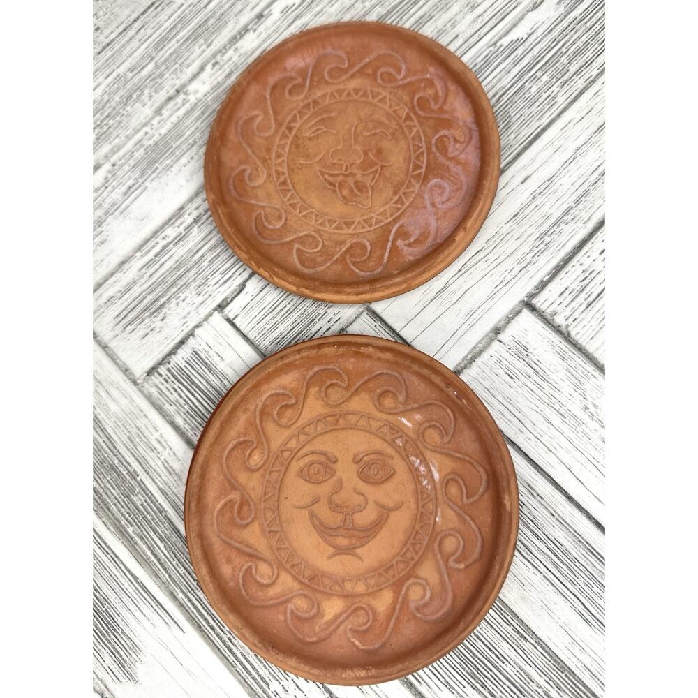 2 Vintage Wieland Ware Celestial Terracotta Sun Faces